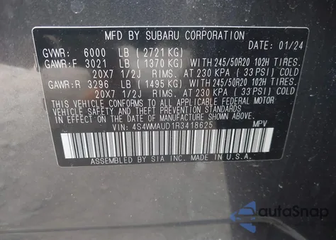 2024 Subaru Ascent Limited 7-Passenger z USA, uszkodzony, nr VIN 4S4WMAUD1R3418625